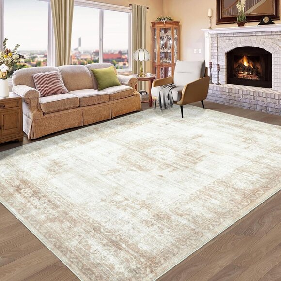 New 6x9 Beige Vintage Area Rug, Washable Boho Moroccan Non-Slip Carpet for Home - Picture 1 of 9